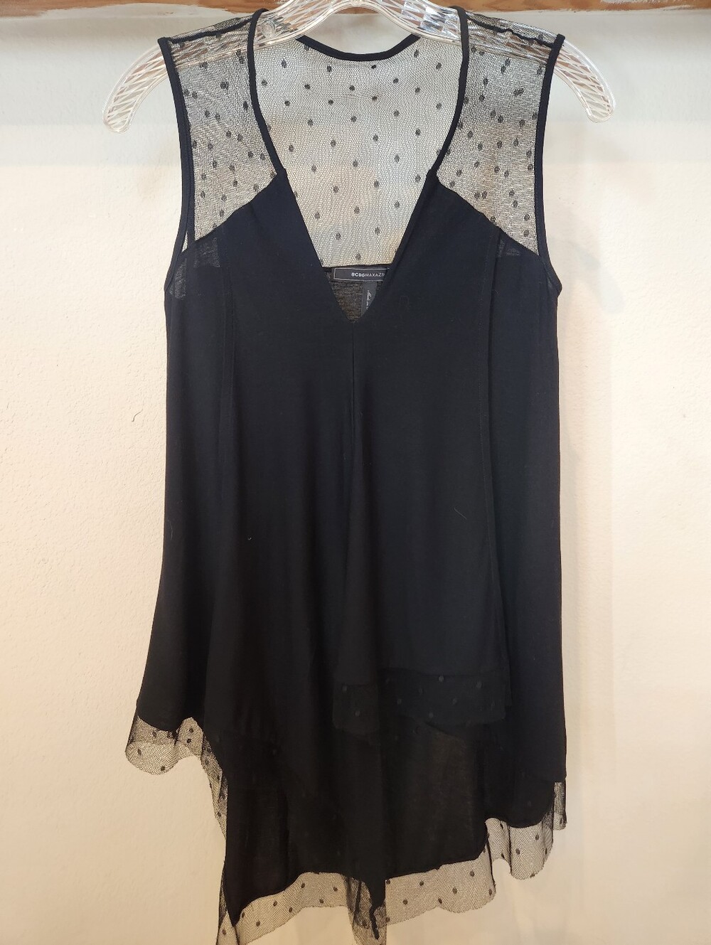 BCBGMaxAzria Black Sheer Polka Dot V-Neck Camisole